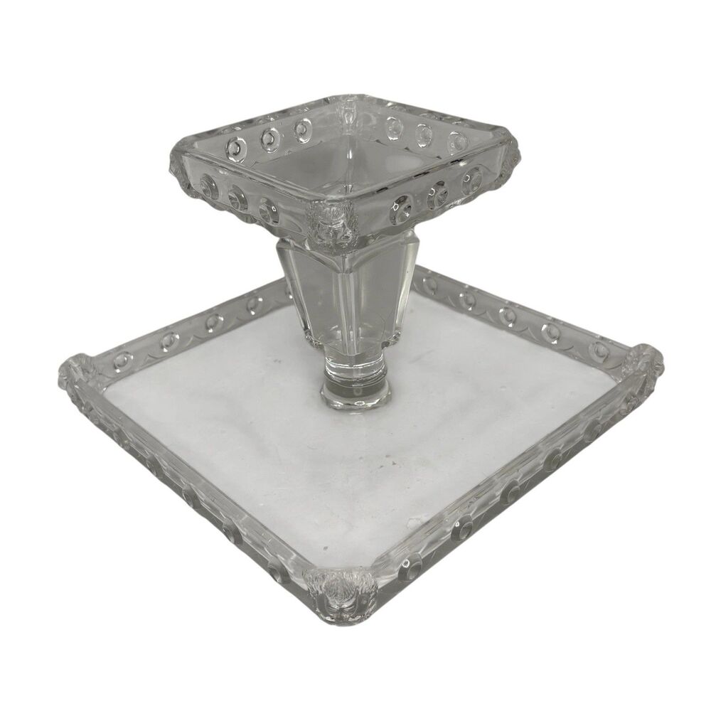 Rare Fostoria "Atlanta" Pattern Square Lion Glass Footed Pedestal Cake Stand - Picture 6 of 8